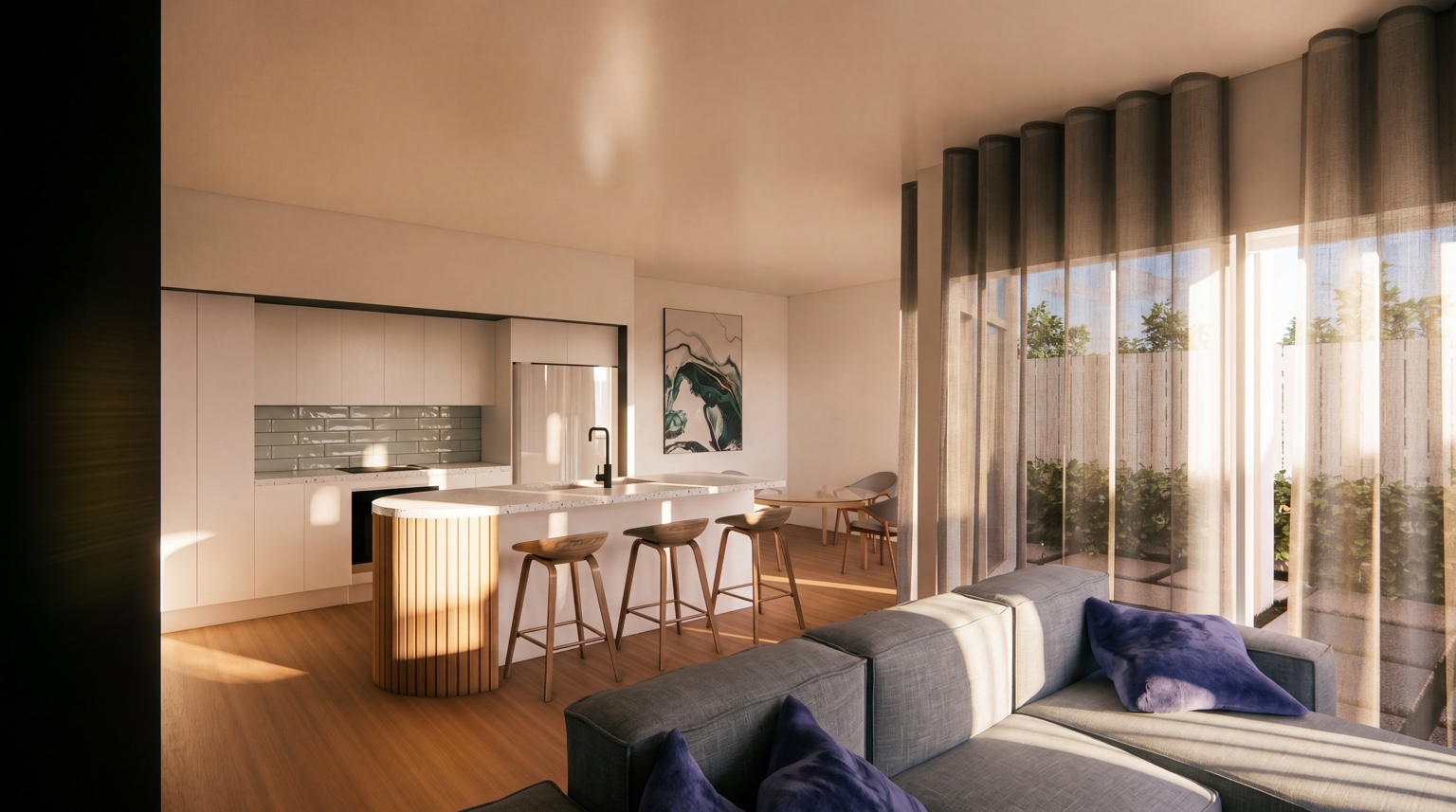 Day Dawn Rise kitchen and living artist impression