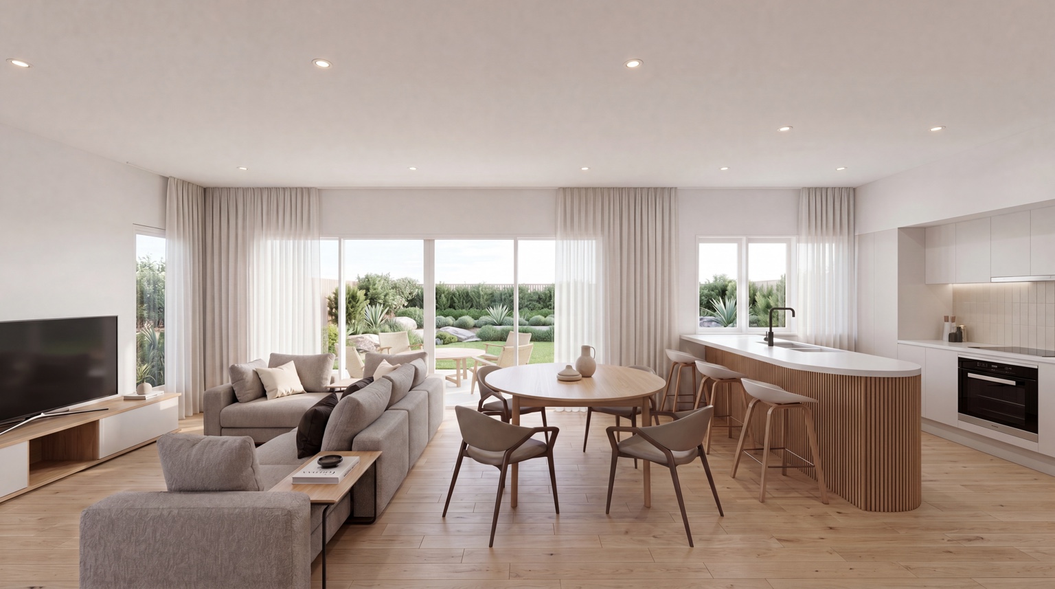 Day Dawn Rise interior artist impression showing open-plan living and warm kitchen finishes